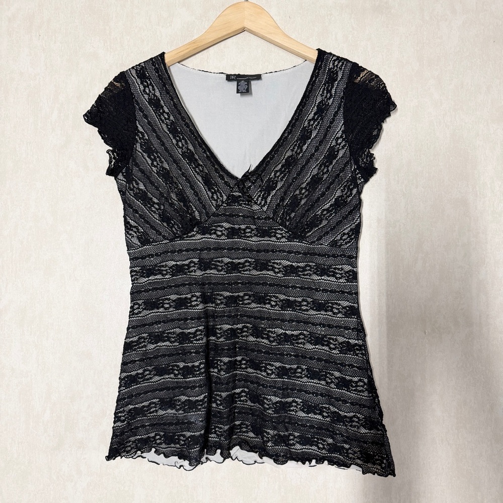 INC International Concept Women’s Y2K Style Lace Babydoll Top Blouse in Black M